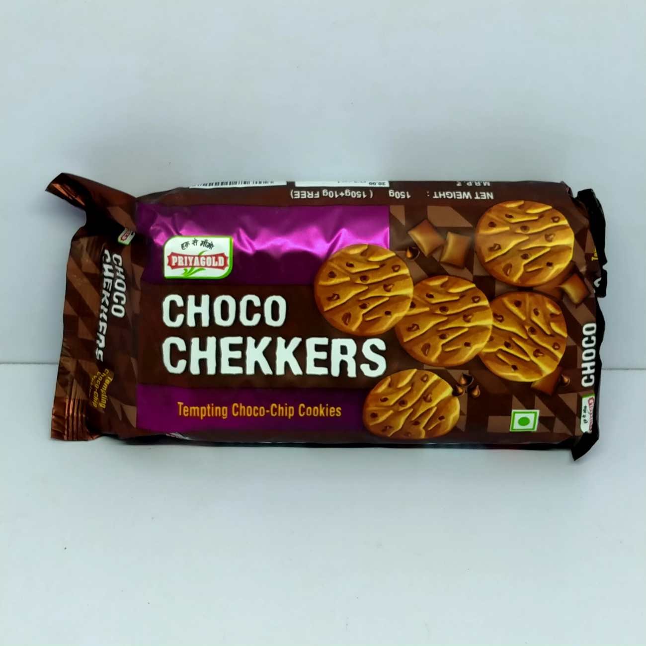 Priyagold choco chekkers, tempting choco chip cookies, 150 grams + 10 gram free