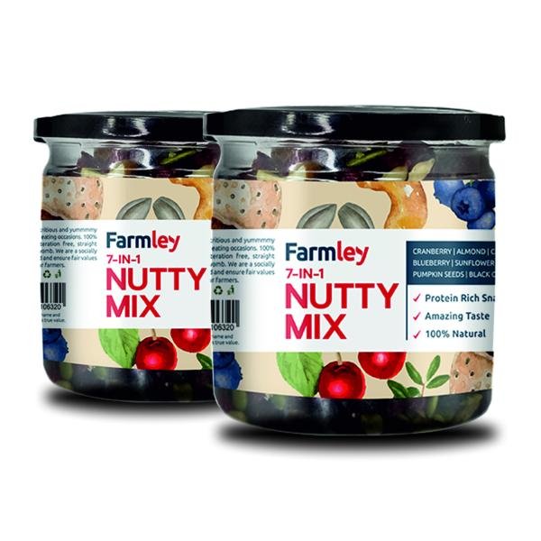 Farmley 7 in 1 Nutty Trail Mix – Protein Rich, Mix Dry Fruit Snack Jar 400 g (Pack of 2, Each 200 g)