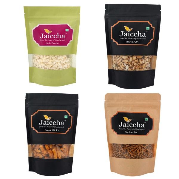 jaiccha namkeen snacks pack of 4 diet chiwda soya sticks nachini sev and wheat puffs product images orvu5wft2ni p591124953 0 202202261153