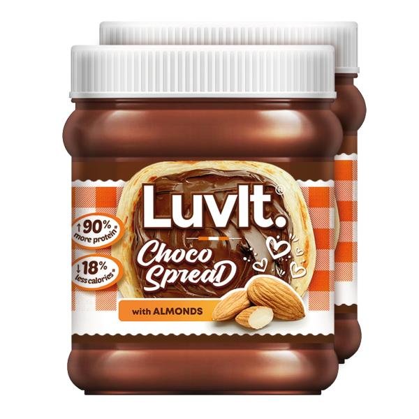 LuvIt Choco Spread with Almond | Smooth & Delicious | 90% more Protein | Best for Chocolate Bread, Cakes, Shakes, Dosa, Roti | Pack of 2 – 310g Each