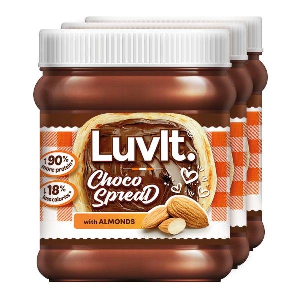 LuvIt Choco Spread with Almond | Smooth & Delicious | 90% more Protein | Best for Chocolate Bread, Cakes, Shakes, Dosa, Roti | Pack of 3 – 310g Each