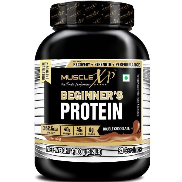 MuscleXP Beginner’s Protein With Digestive Enzymes (With Whey Protein), Double Chocolate 1Kg (2.2lb)