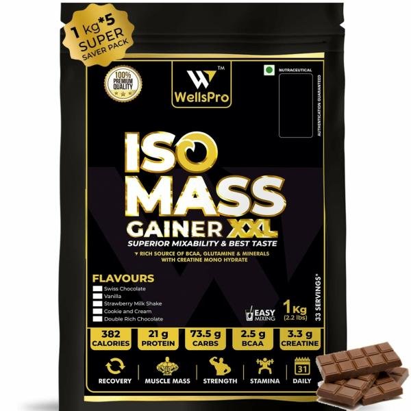 WellsPro ISO MASS XXL Mass / Weight Gainer Double Rich Chocolate Whey Protein Powder 1kg (Pack of 5)