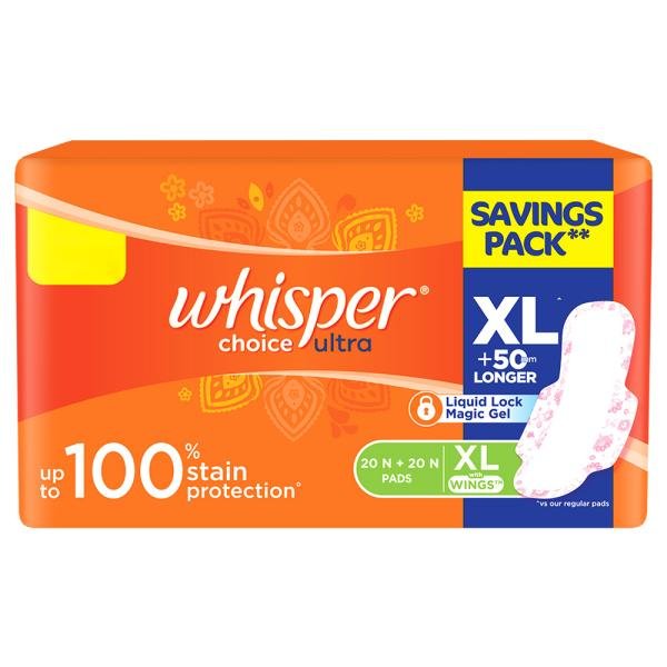 whisper choice ultra xl sanitary napkins 20 20 pads 0 20220426