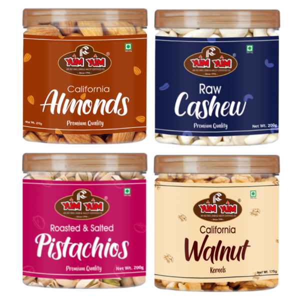 YUM YUM Dry Fruits Combo Pack (Almonds 200g,Cashew 200g,Pista 200g,Walnut Kernels 175g) Jar Each