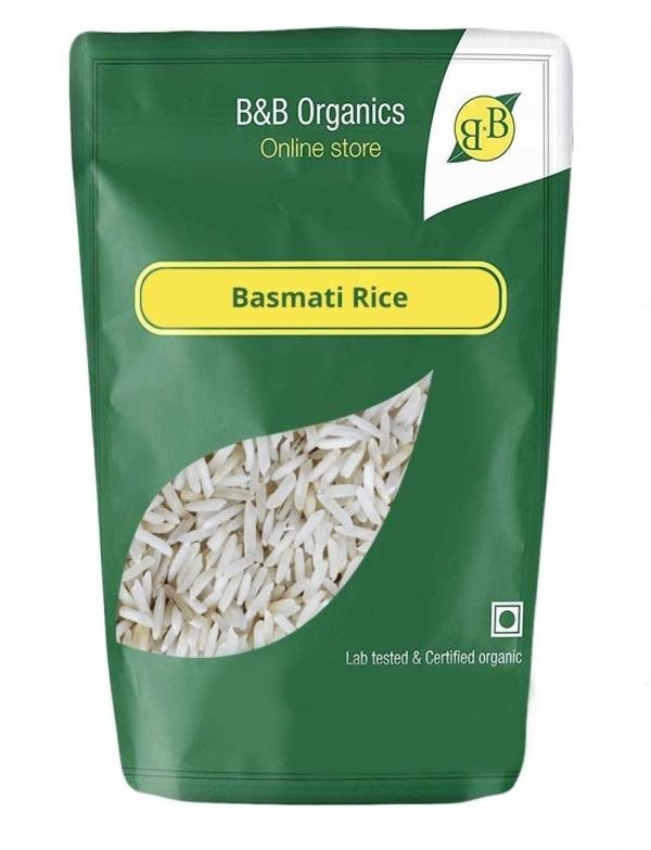 B&B Organics Basmati White Rice / Briyani Rice (Long Grain) (1 kg) Cooks in 15-minute, Full Bran Intact, Fibre-Rich Basmati Rice