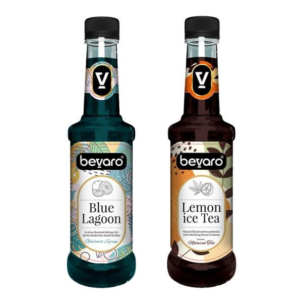 BEVARO Lemon Ice Tea Syrup and Blue Lagoon Syrup Combo, 300ml each, Pack of 2, Contains Natural Tea Extracts, Gourmet syrup blue mixer for cocktails, mocktails, ice crushers & iced teas