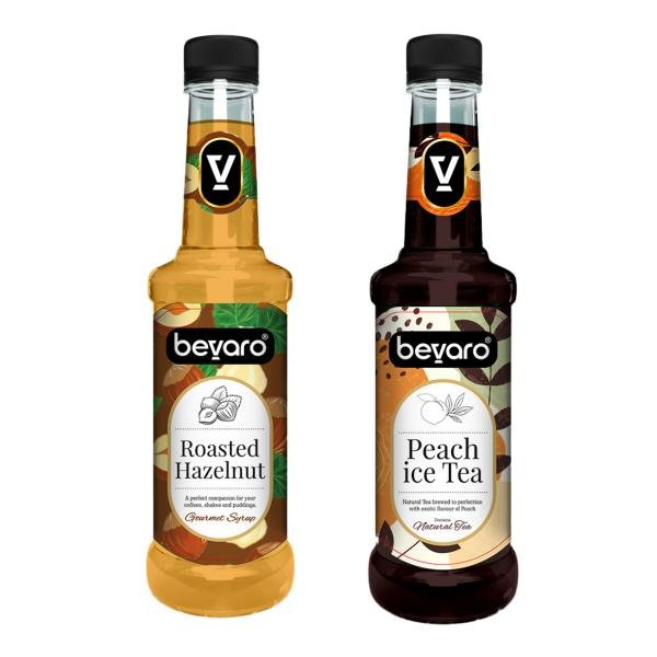 BEVARO Peach Ice Tea Syrup and Roasted Hazelnut Syrup Combo, 300ml each, Pack of 2, Gourmet Syrup for Coffee, Shakes, Hot Brew, Cold Brew, Mocktails, Beverages & Desserts