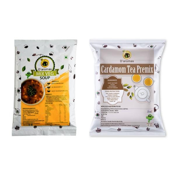 D’aromas Instant Cardamom Premix Tea & Mix Veg Premix Soup Powder 500gx2, For Winter Season