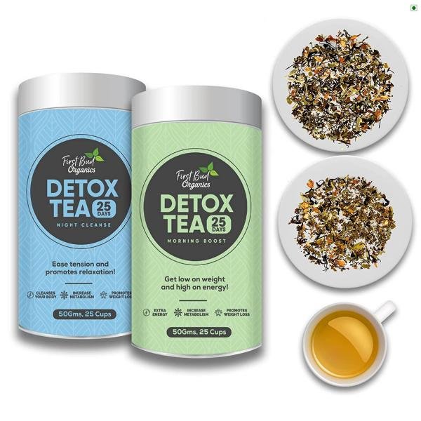 first bud organics detox green tea 25 days and night detox tea desi kahwa green tea and skin glow with garcinia cambogia and turmeric detox green tea for weight loss and belly fat 100 g combo of 2 product images orvprtro9lu p594330762 0 202210072229