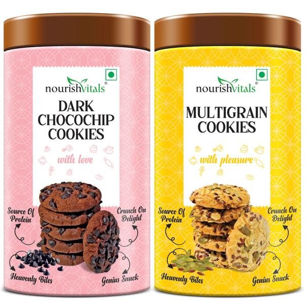 nourishvitals dark chocochip cookies multigrain cookies heavenly bites source of protein crunchy delights genius snack 120g each product images orv35pucigh p594173395 0 202209301243