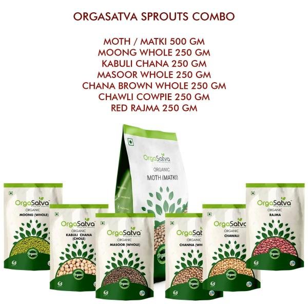 OrgaSatva Organic Sprout Combo (Moth 500gm, Moong 250gm, Masoor 250gm, Kabuli 250gm, Chana 250gm, Chawli 250gm, Rajma 250gm) Total Weight 2 Kg