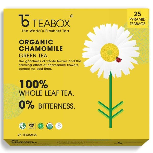 Teabox Chamomile Green Tea Bags 25 Pieces | For Stress Relief & Good Sleep | Made with 100% Whole Leaf & Natural Chamomile Flowers | 2 Free Samples Included