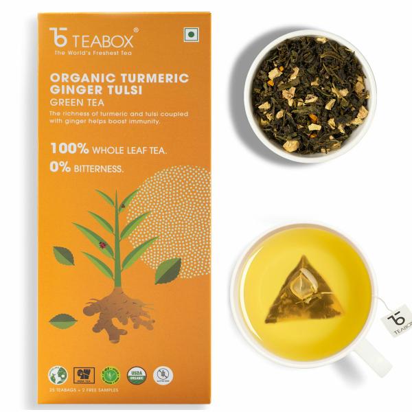 teabox turmeric ginger tulsi green tea bags 25 pieces for immunity boosting sore throat prevention made with 100 whole leaf natural ginger turmeric tulsi 2 free samples included product images orvf2evvgc1 p591264676 0 202205100753