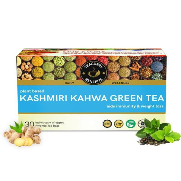 TEACURRY Kashmiri Kahwa Green Tea (1 Month Pack, 30 Tea Bags) – Helps with Weight Loss, Immunity