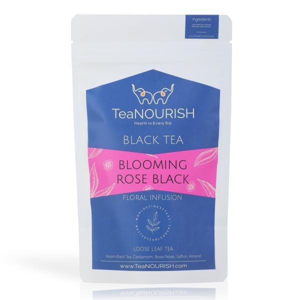 teanourish blooming rose black tea loose leaf tea assam black tea blended with rose petals cardamom saffron almond 100 natural ingredients 100gms pack product images orvxei1dst6 p596186444 0 202212081515