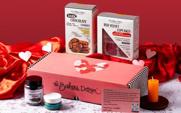 the baker s dozen special valentines day hamper dark chocolate cookies red velvet cupcakes crunchy almond dragees dark chocolate peanut butter festive hamper box limited edition product images orvxumwlyj6 p597905891 0 202302092038