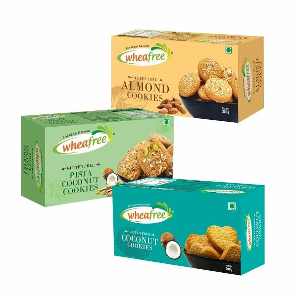 wheafree gluten free cookies combo almond cookies 200g coconut cookies 200g and pista coconut cookies 200g best tea time snacks nutritious tasty crunchy flavorful 100 vegetarian product images orvsahoha44 p596894676 0 202301031435